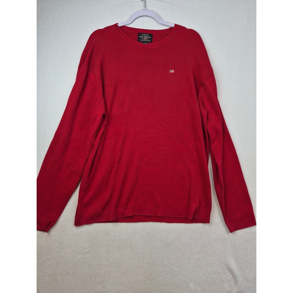 VTG Ralph Lauren Polo Jeans Co Mens Ribbed Sweater XL Red Knit Cotton Flag Logo